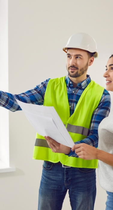 Foreman,Showing,House,Design,Plan,To,Apartment,Owner.,Working,Man